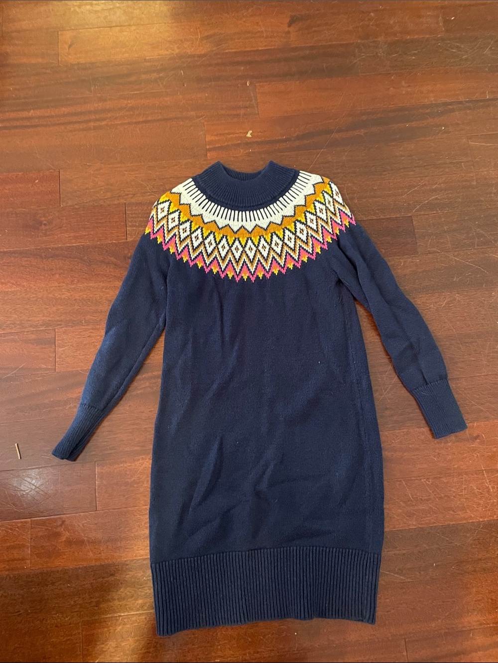 Old Navy Navy Sweater Dress with Yellow, White & Pink design